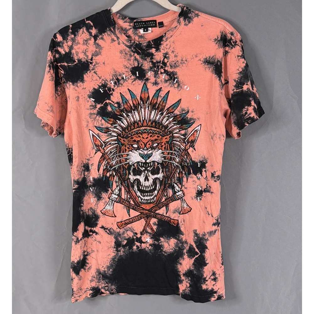 Black Label Affliction T-Shirt Mens Small Tie Dye Skull Biker Graphic Live Fast